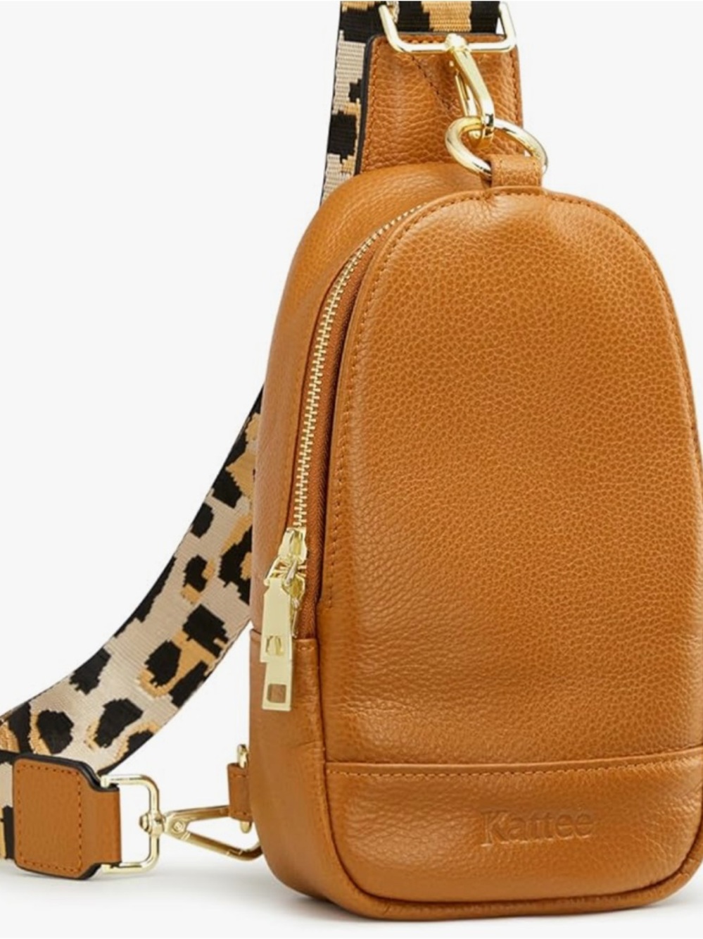 Kattee Tan Pebbled Leather Crossbody Sling with Leopard Strap